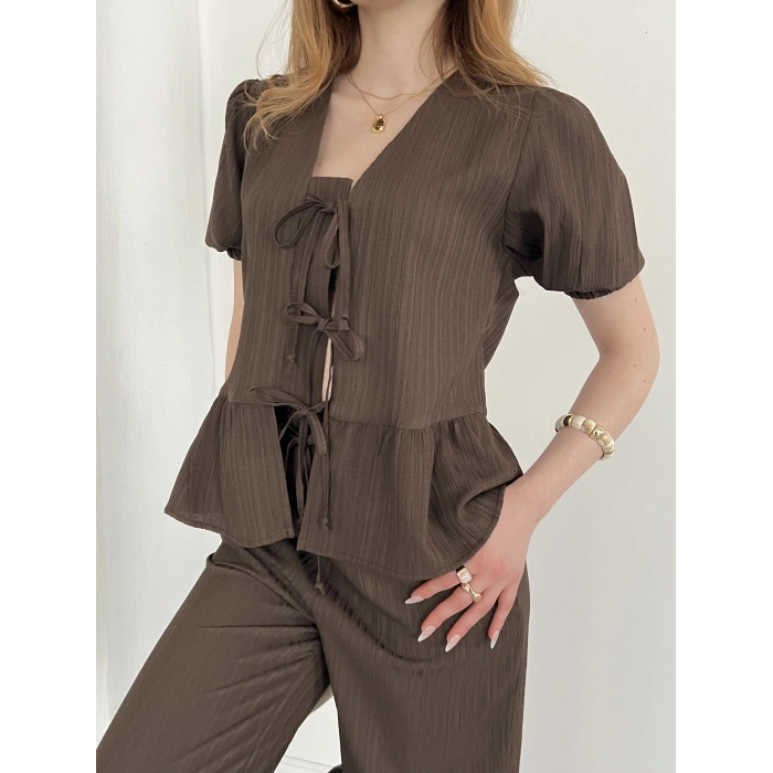 Modal Kumaş Bel Büzgü Detaylı Rahat Takım Kahve