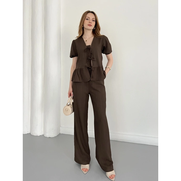 Modal Kumaş Bel Büzgü Detaylı Rahat Takım Kahve