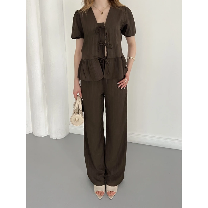 Modal Kumaş Bel Büzgü Detaylı Rahat Takım Kahve