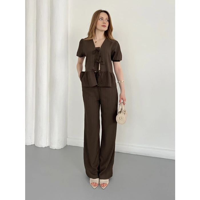 Modal Kumaş Bel Büzgü Detaylı Rahat Takım Kahve