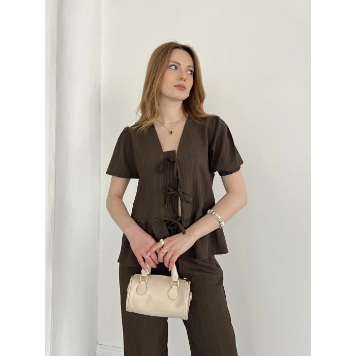 Modal Kumaş Bel Büzgü Detaylı Rahat Takım Kahve