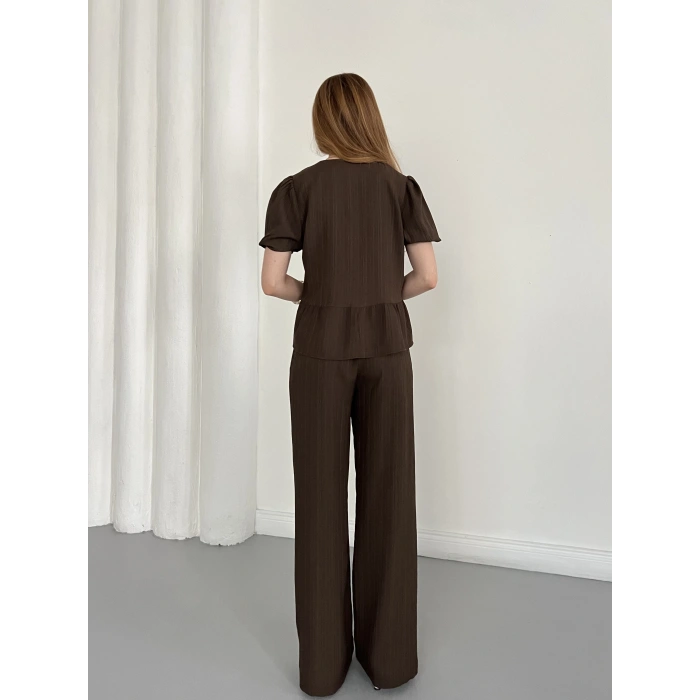 Modal Kumaş Bel Büzgü Detaylı Rahat Takım Kahve