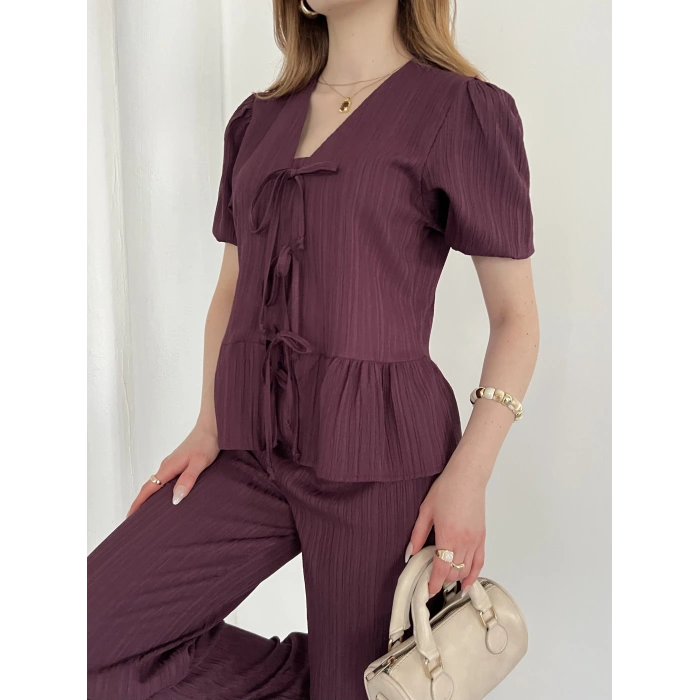 Modal Kumaş Bel Büzgü Detaylı Rahat Takım Mürdüm