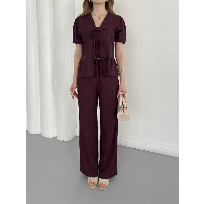 Modal Kumaş Bel Büzgü Detaylı Rahat Takım Mürdüm