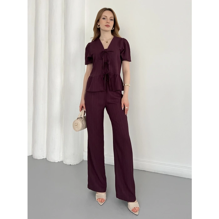 Modal Kumaş Bel Büzgü Detaylı Rahat Takım Mürdüm