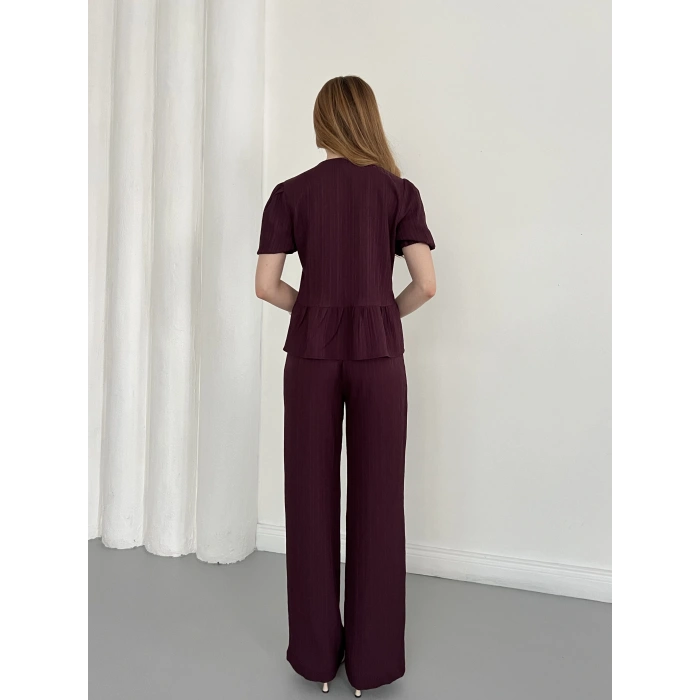 Modal Kumaş Bel Büzgü Detaylı Rahat Takım Mürdüm