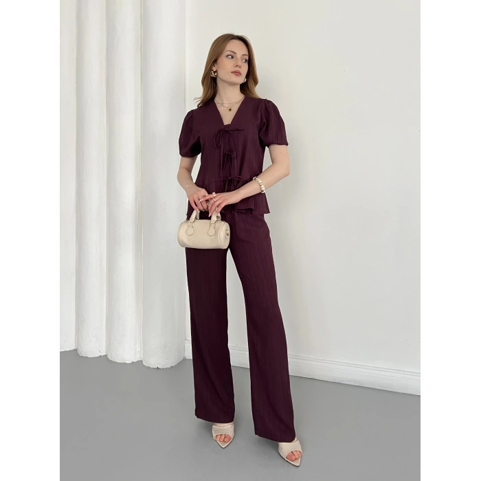 Modal Kumaş Bel Büzgü Detaylı Rahat Takım Mürdüm