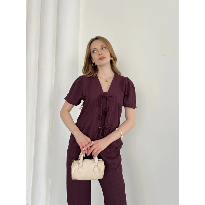 Modal Kumaş Bel Büzgü Detaylı Rahat Takım Mürdüm