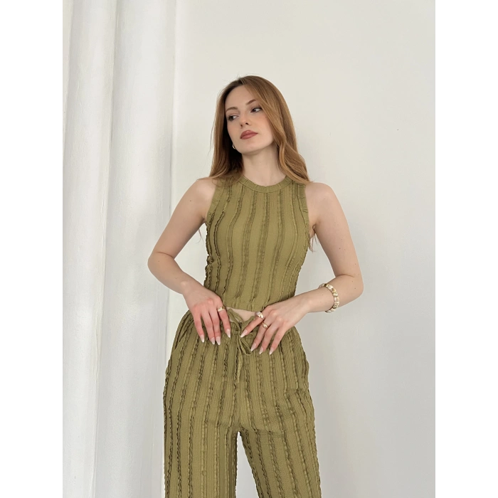 Gofre Kumaş Ters Dikiş Halter Yaka Takım Yeşil