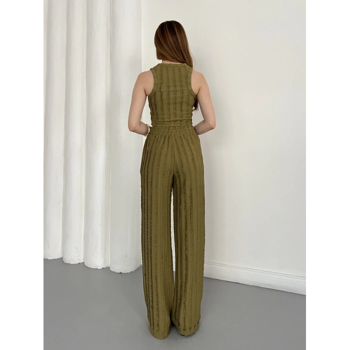 Gofre Kumaş Ters Dikiş Halter Yaka Takım Yeşil