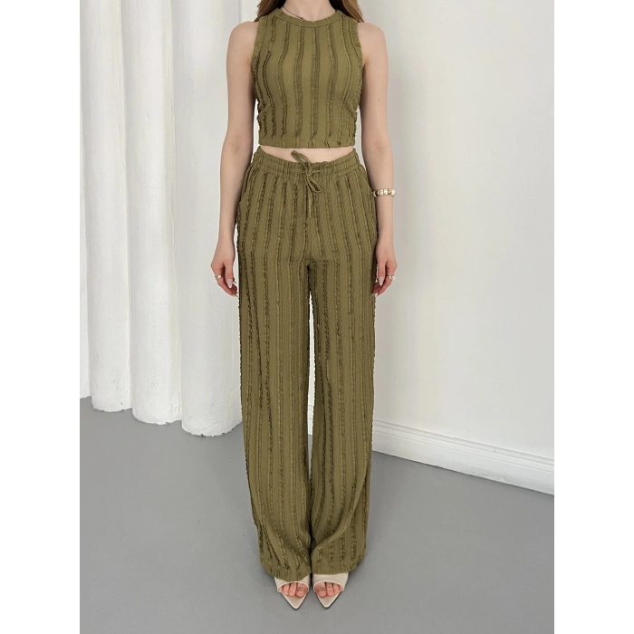 Gofre Kumaş Ters Dikiş Halter Yaka Takım Yeşil