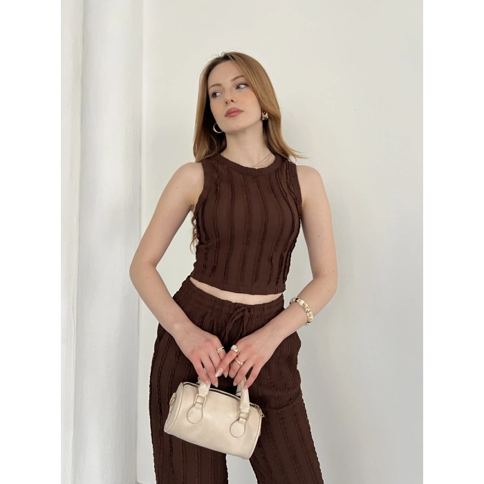 Gofre Kumaş Ters Dikiş Halter Yaka Takım Lacivert