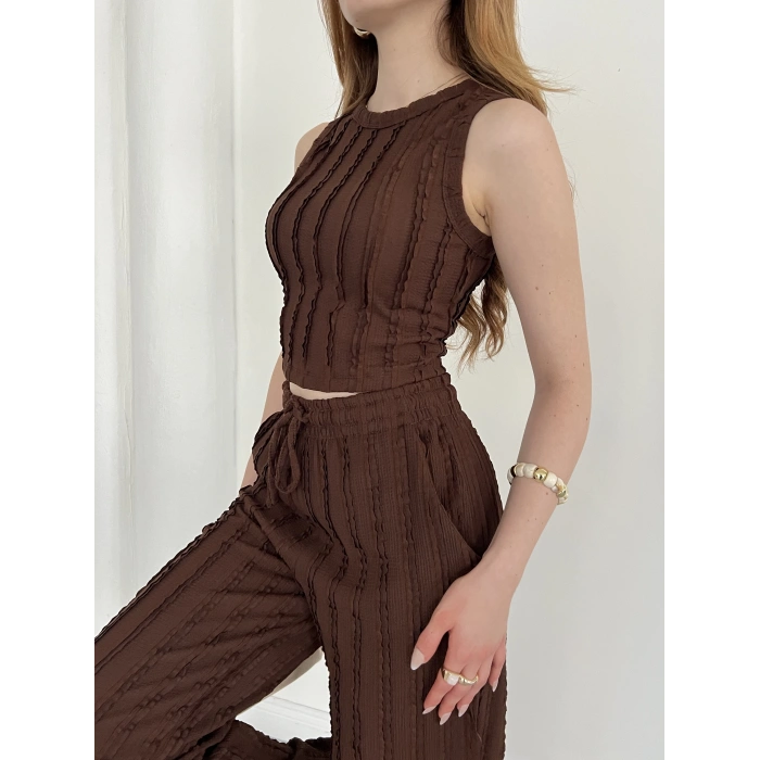 Gofre Kumaş Ters Dikiş Halter Yaka Takım Lacivert