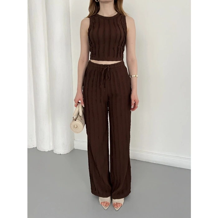 Gofre Kumaş Ters Dikiş Halter Yaka Takım Kahve