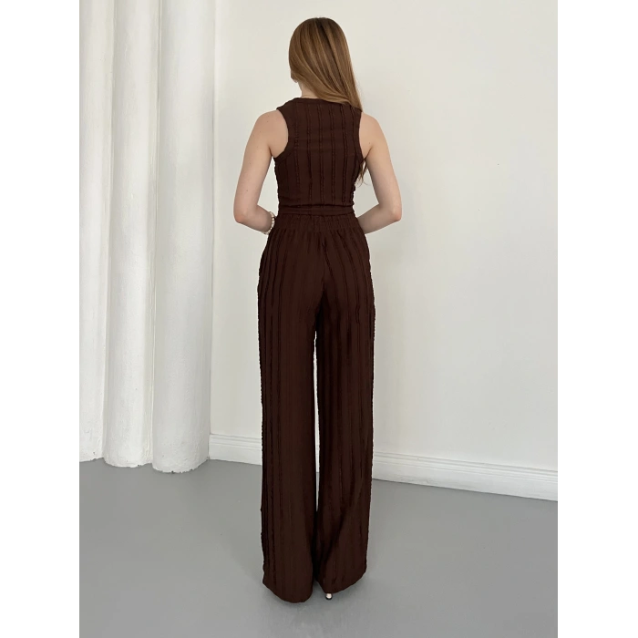 Gofre Kumaş Ters Dikiş Halter Yaka Takım Kahve