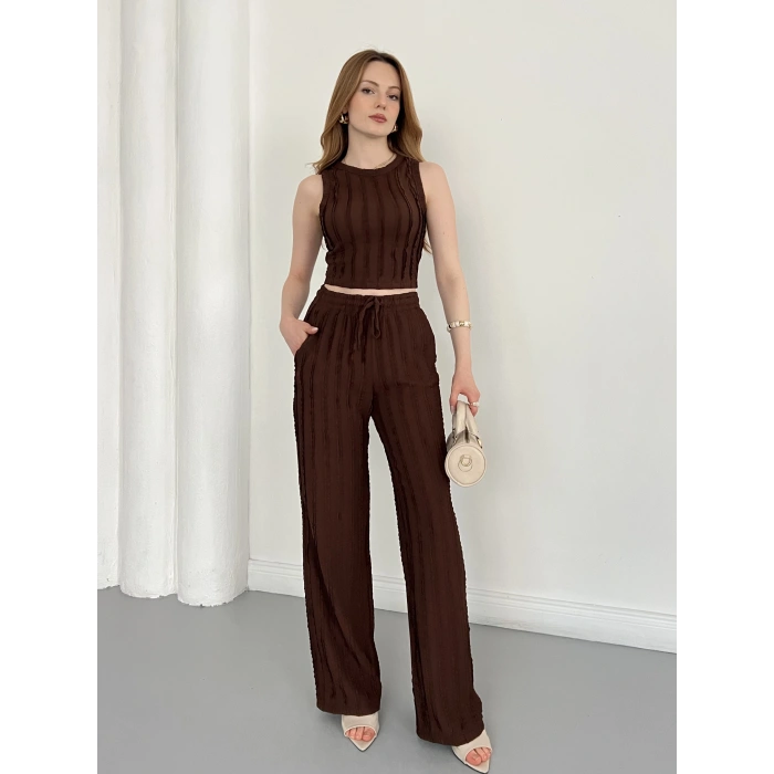 Gofre Kumaş Ters Dikiş Halter Yaka Takım Kahve