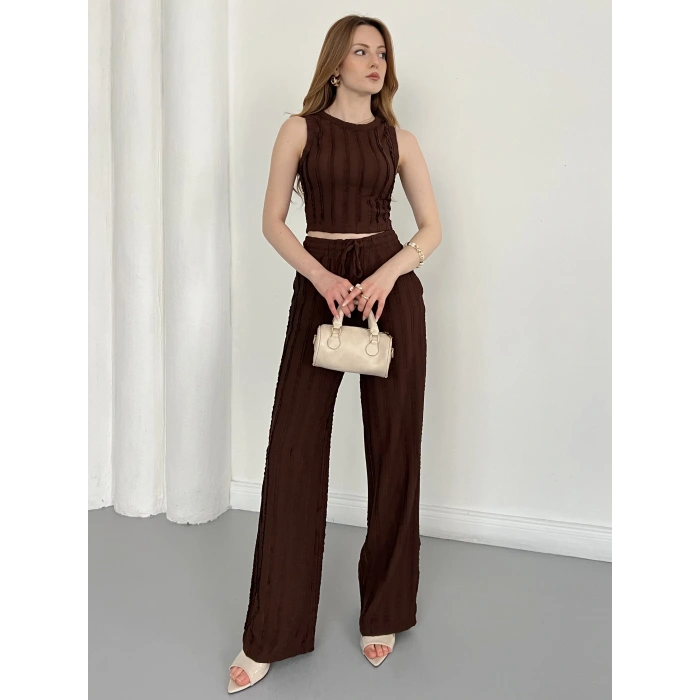 Gofre Kumaş Ters Dikiş Halter Yaka Takım Kahve