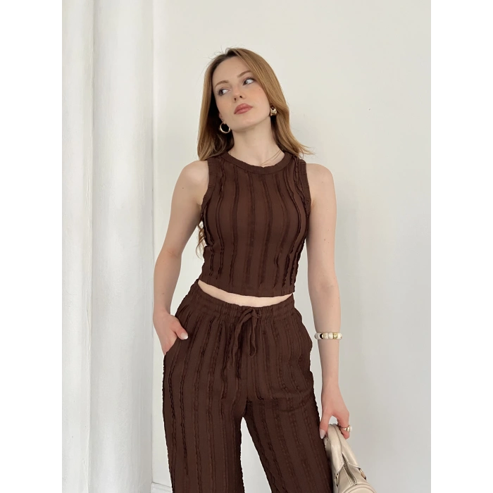 Gofre Kumaş Ters Dikiş Halter Yaka Takım Kahve