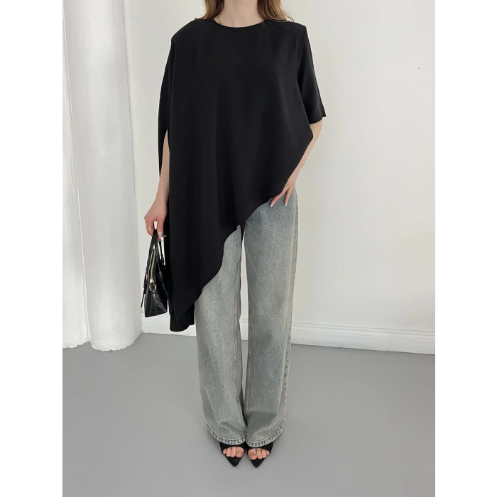 Asimetrik Kesim Vatkalı Tasarım Bluz Siyah