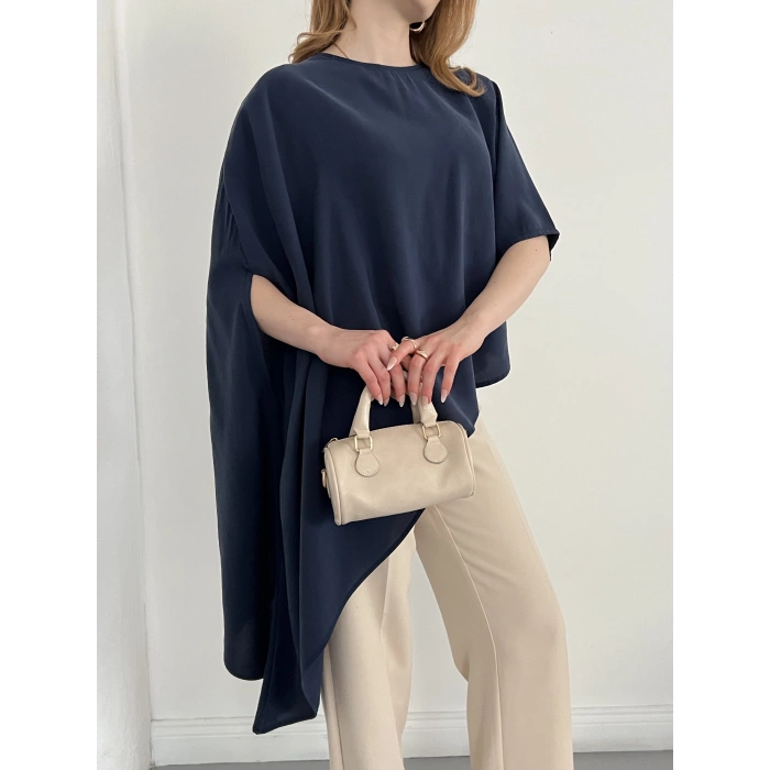 Asimetrik Kesim Vatkalı Tasarım Bluz Lacivert