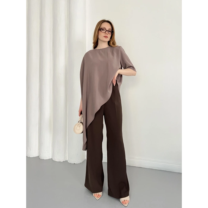 Asimetrik Kesim Vatkalı Tasarım Bluz Vizon