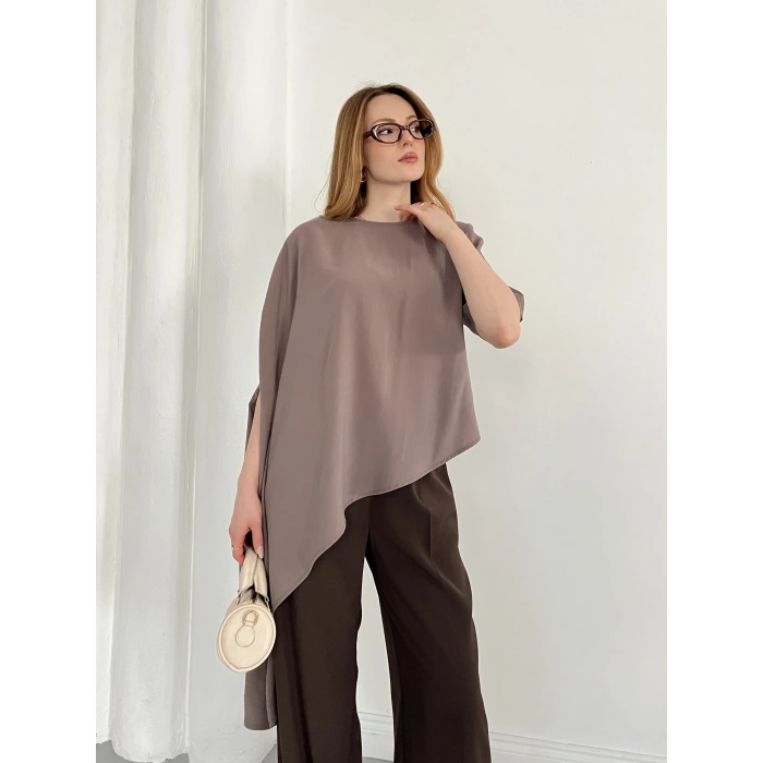 Asimetrik Kesim Vatkalı Tasarım Bluz Vizon