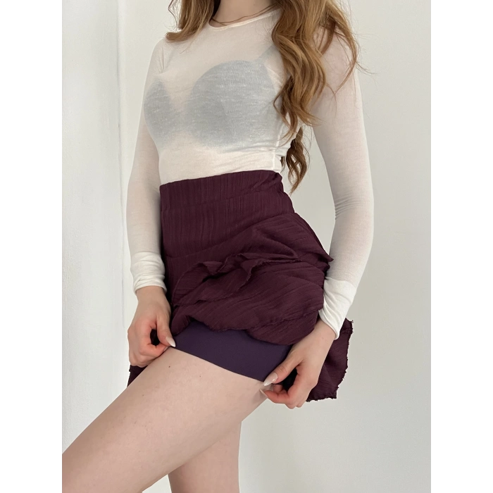 İçi Şortlu Fırfırlı Etek Mürdüm