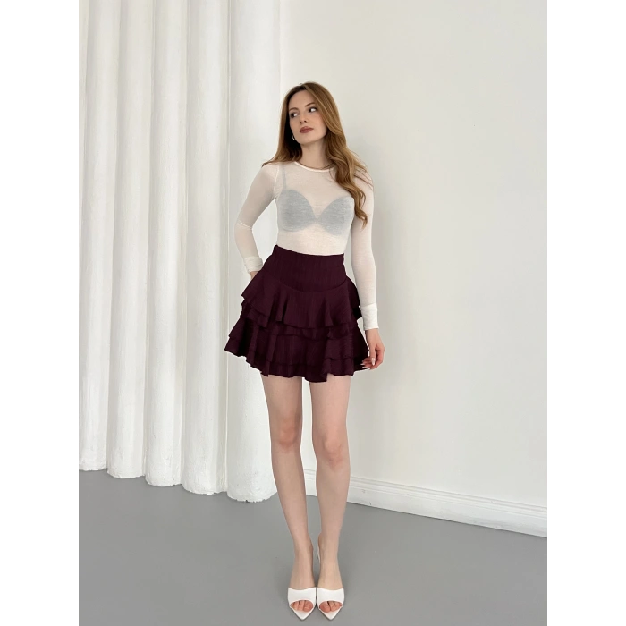 İçi Şortlu Fırfırlı Etek Mürdüm