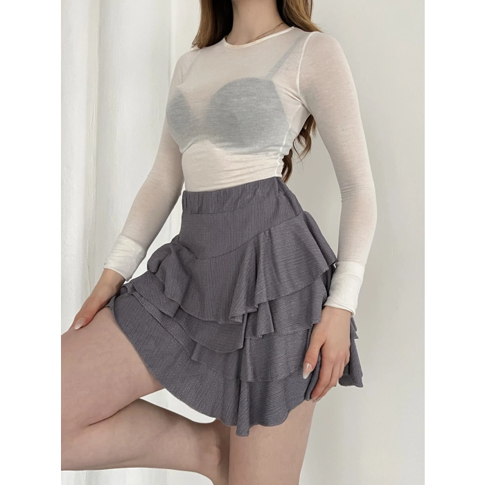 İçi Şortlu Fırfırlı Etek Gri