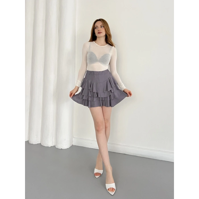 İçi Şortlu Fırfırlı Etek Gri