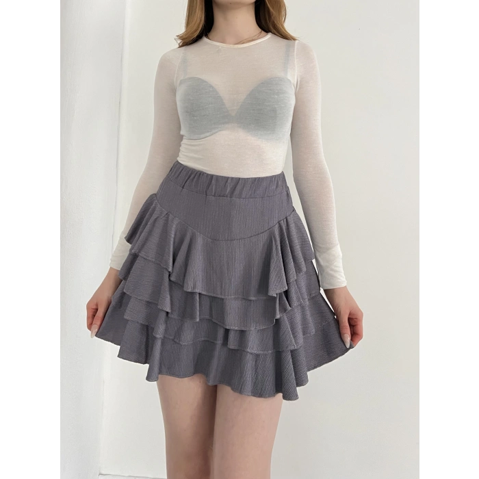 İçi Şortlu Fırfırlı Etek Gri