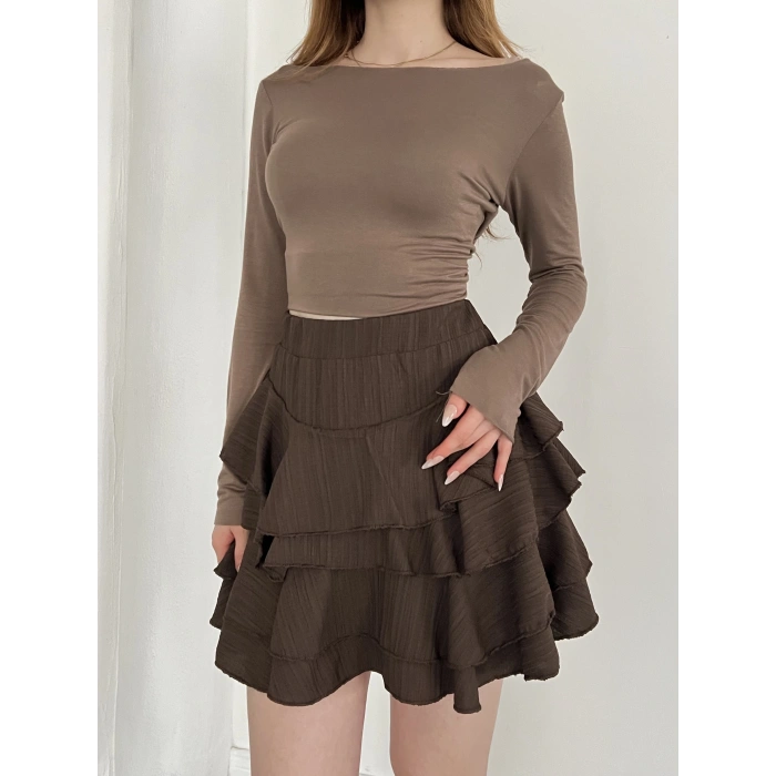 İçi Şortlu Fırfırlı Etek Kahve