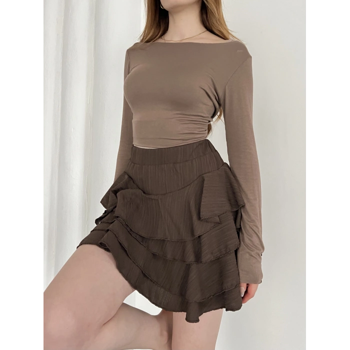 İçi Şortlu Fırfırlı Etek Kahve