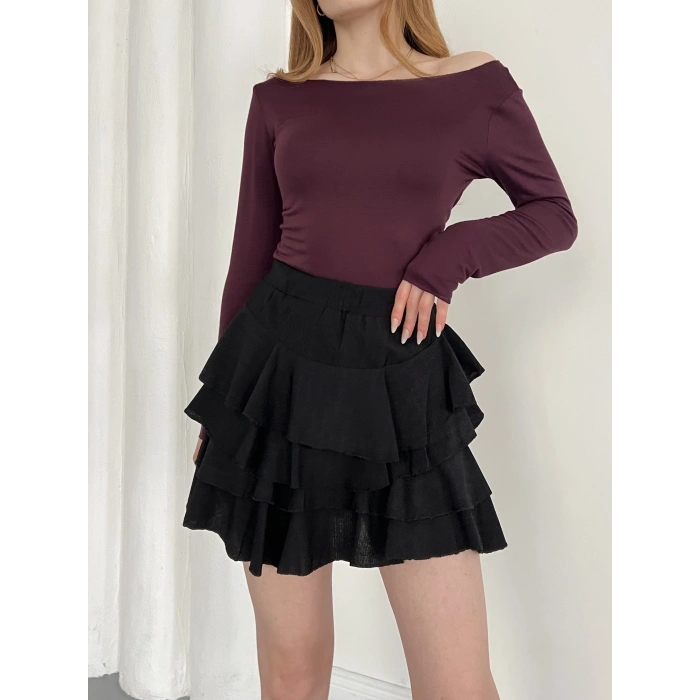 İçi Şortlu Fırfırlı Etek Siyah