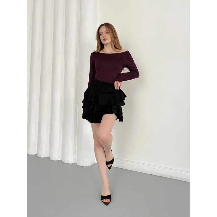 İçi Şortlu Fırfırlı Etek Siyah