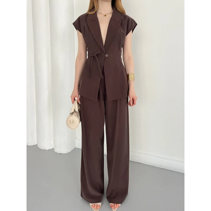 Tasarım Yelek Pantolon Takım Kahve