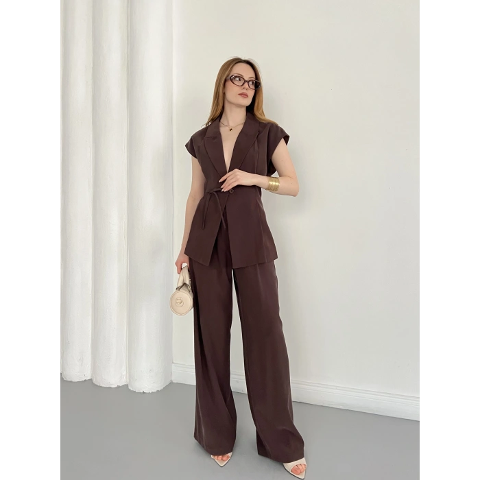 Tasarım Yelek Pantolon Takım Kahve