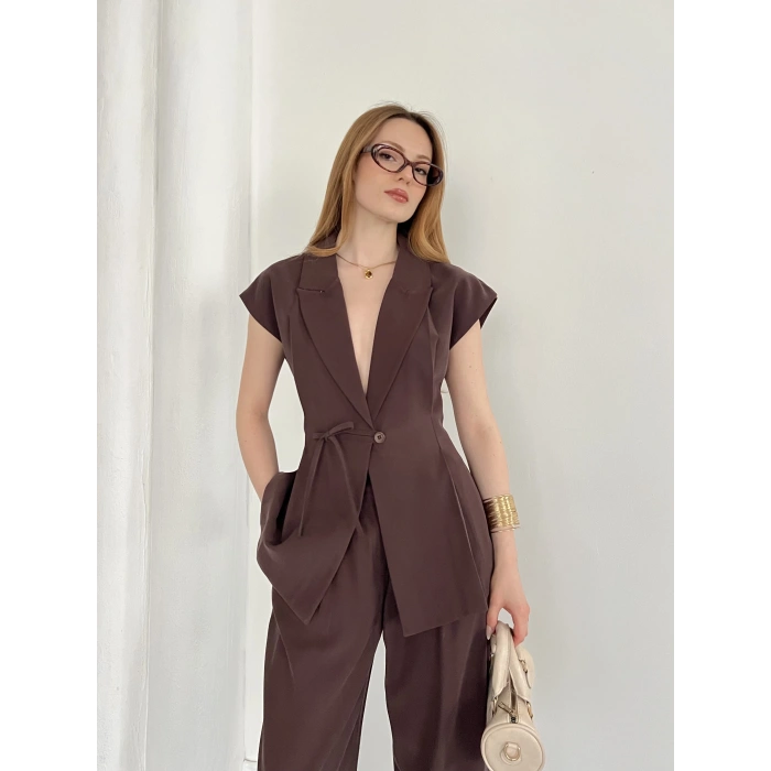 Tasarım Yelek Pantolon Takım Kahve