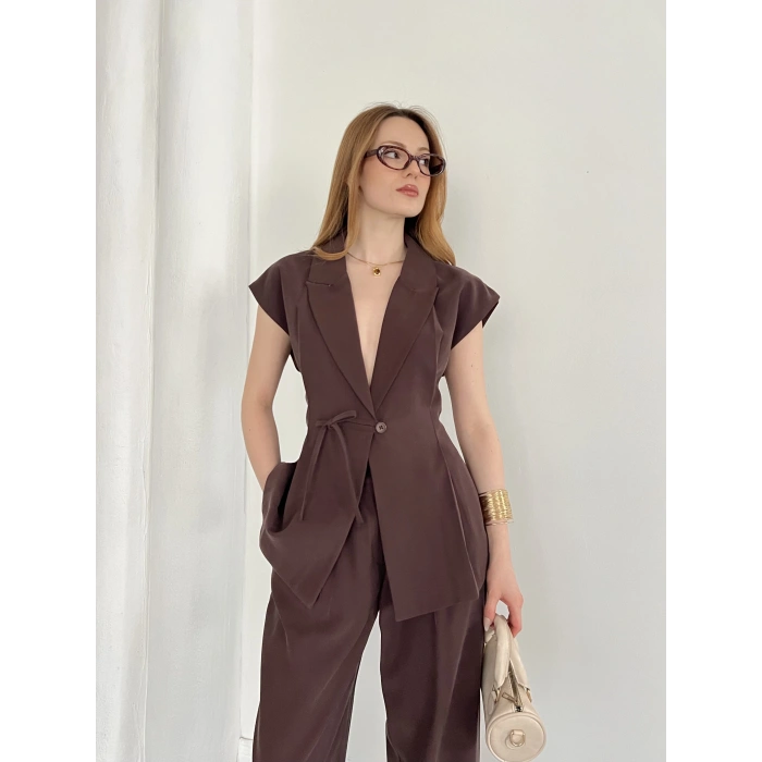 Tasarım Yelek Pantolon Takım Kahve