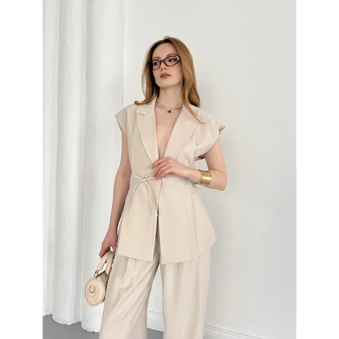 Tasarım Yelek Pantolon Takım Bej