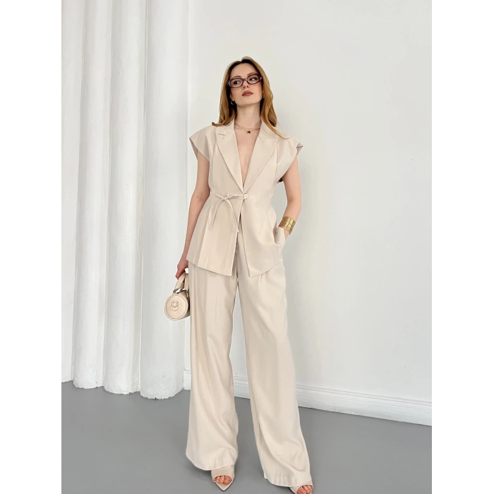 Tasarım Yelek Pantolon Takım Bej