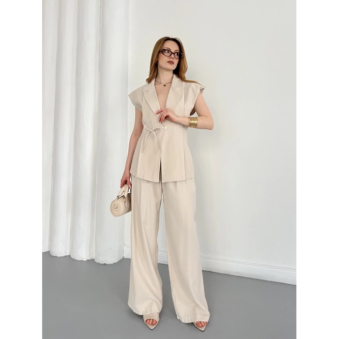 Tasarım Yelek Pantolon Takım Bej