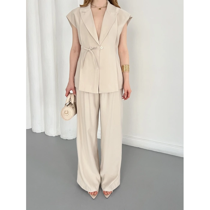 Tasarım Yelek Pantolon Takım Bej