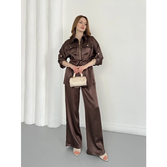 Belden Bağlama Detaylı Fermuarlı Saten Takım Kahve