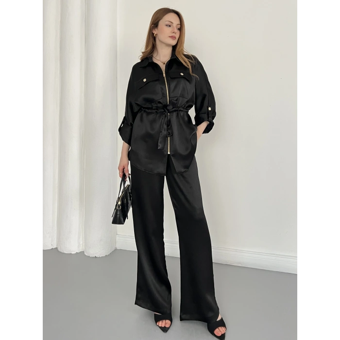 Belden Bağlama Detaylı Fermuarlı Saten Takım Siyah
