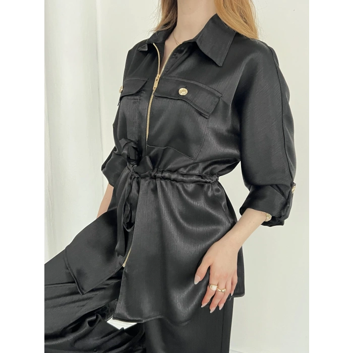 Belden Bağlama Detaylı Fermuarlı Saten Takım Siyah