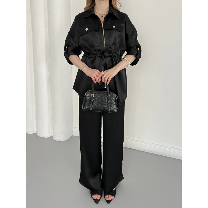 Belden Bağlama Detaylı Fermuarlı Saten Takım Siyah