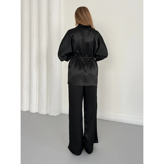 Belden Bağlama Detaylı Fermuarlı Saten Takım Siyah