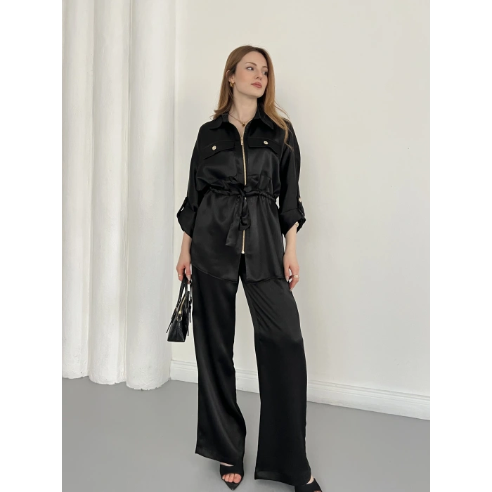 Belden Bağlama Detaylı Fermuarlı Saten Takım Siyah