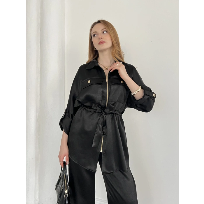 Belden Bağlama Detaylı Fermuarlı Saten Takım Siyah